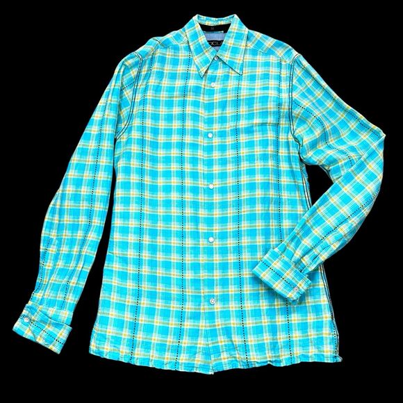 DDC Lab Button Down Shirt Mens Medium Internal Pocket Plaid Blue Mustard White - Picture 2 of 13